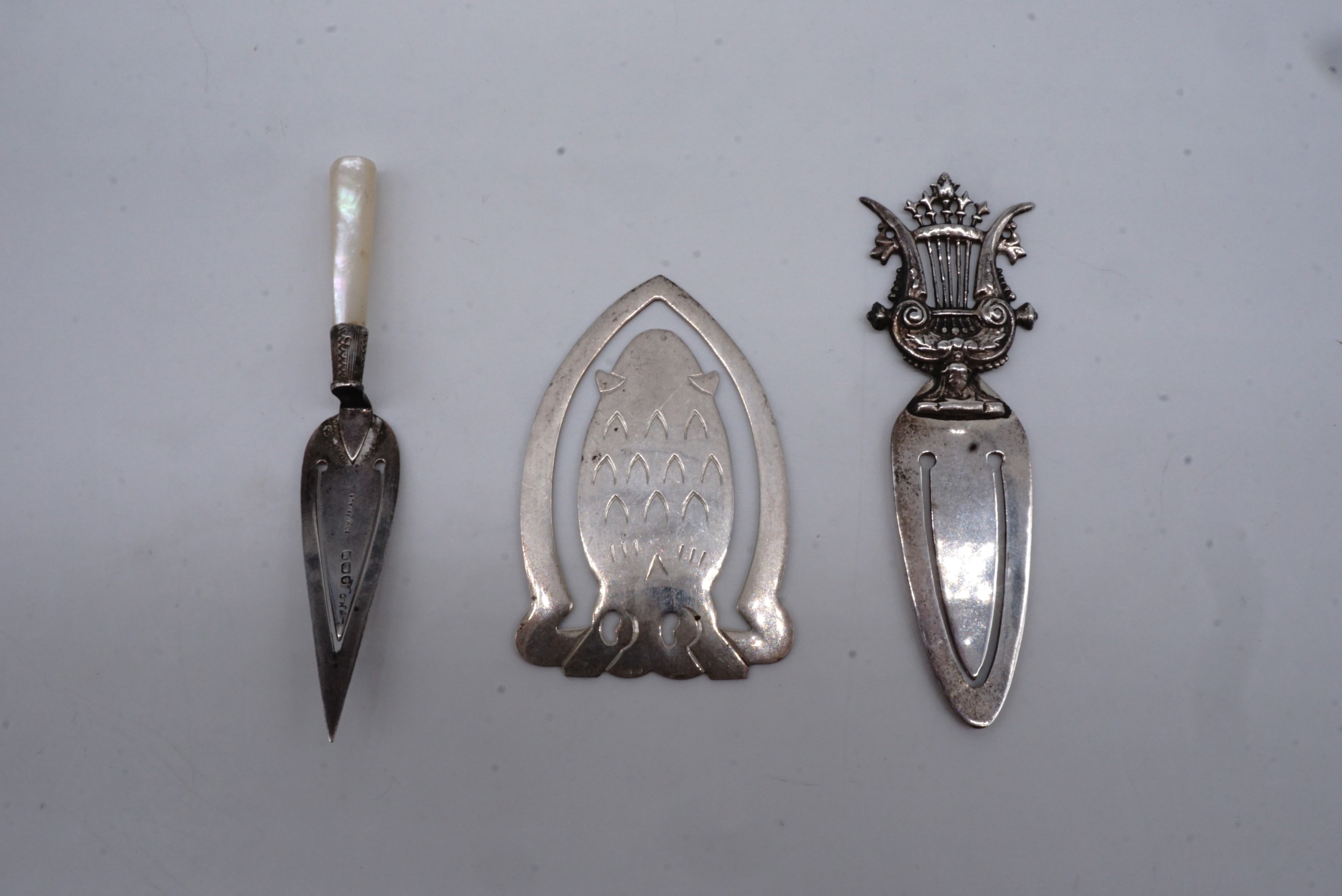 Three silver and white metal novelty book markers / bookmarks, one modelled as a trowel, Birmingham, - Image 2 of 2