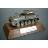 A Royal Tank Regiment presentation pewter scale model Scorpion tank, 14 cm