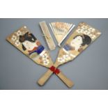 Two large hand painted wooden Japanese dance fans together with two other fans