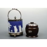 A Wedgwood Jasperware cobalt pot together with a wooden tea caddy