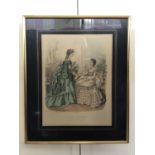 A 19th Century French fashion print "La Mode Illustre", watercolour-tinted engraving, framed and