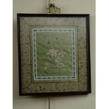 Three Chinese embroidered silk panels, framed and mounted under glass, 30 cm x 27 cm framed