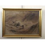 A 19th Century sepia watercolour depiction of a wreck at sea, in gilt frame under glass, 30 cm x