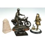 A cold cast bronze sculpture of a Great War British army motorcycle despatch rider, a resin RFC