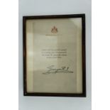 A framed Great War Memorial Plaque Buckingham Palace letter