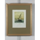 A Spanish polychrome dry point etching of Mediterranean fishing boat off a shore with a