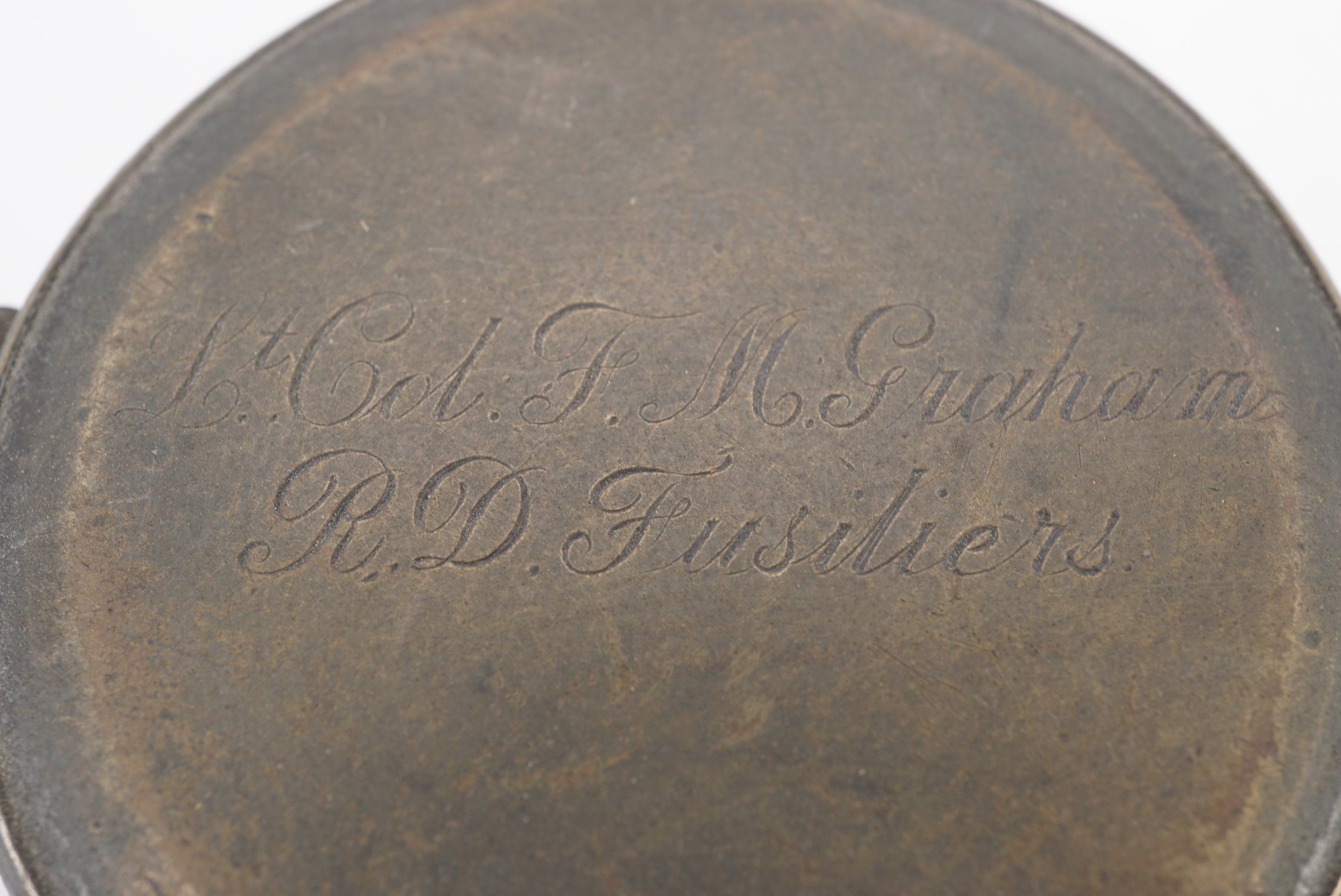 A Boer War / Great War pocket compass, its lid engraved "Lt Col F M Graham, R D Fusiliers" - Image 2 of 3