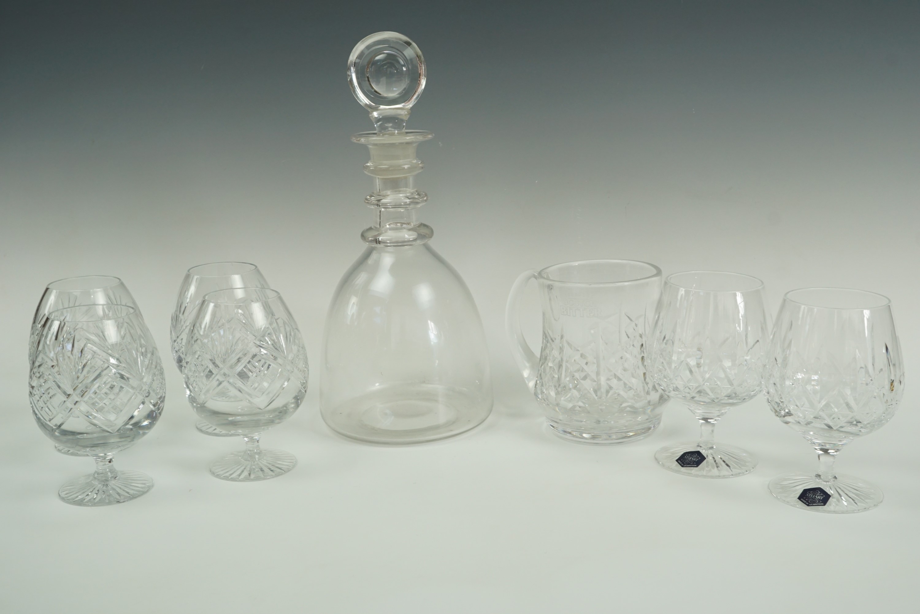 Two Stuart Crystal and four other cut glass brandy balloons, an Edinburgh Crystal tankard and a