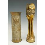 Great War trench art shell case vases engraved in memory of the Somme and with allied flags