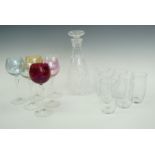 Six cut glass lemonade glasses together with six flashed wine glasses and a cut glass decanter,