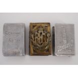 A Great War trench art matchbox cover engraved "German Gotha, 1918", one other depicting an RFC