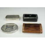 Victorian lacquer and EPBM pocket snuff boxes, together with two other later examples