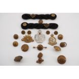 Sundry military insignia including RMA Sandhurst epaulettes, a Royal Armoured Corps cap badge, a