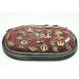 A large collection of Great War patriotic and sweetheart brooches displayed on a velvet cushion