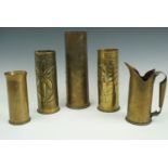 Five various Great War trench art shell case vases, tallest 29 cm