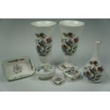 Two Wedgwood 'Kutani crane' vases together with matching smaller vase, egg shaped box, two heart