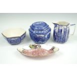 Three items of Rington's ware including jug, bowl and lidded jar, together with a Maling bowl (