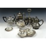 A quantity of electroplate including three teapots, an EPBM tea pot, butter dish etc
