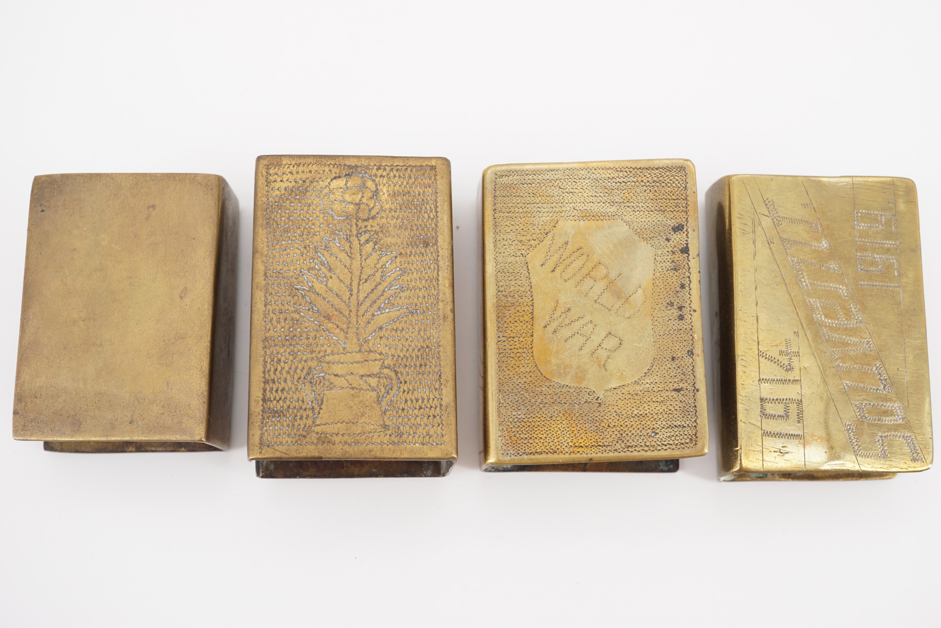 Four Great War hand-engraved brass trench art matchbox covers - Image 2 of 2