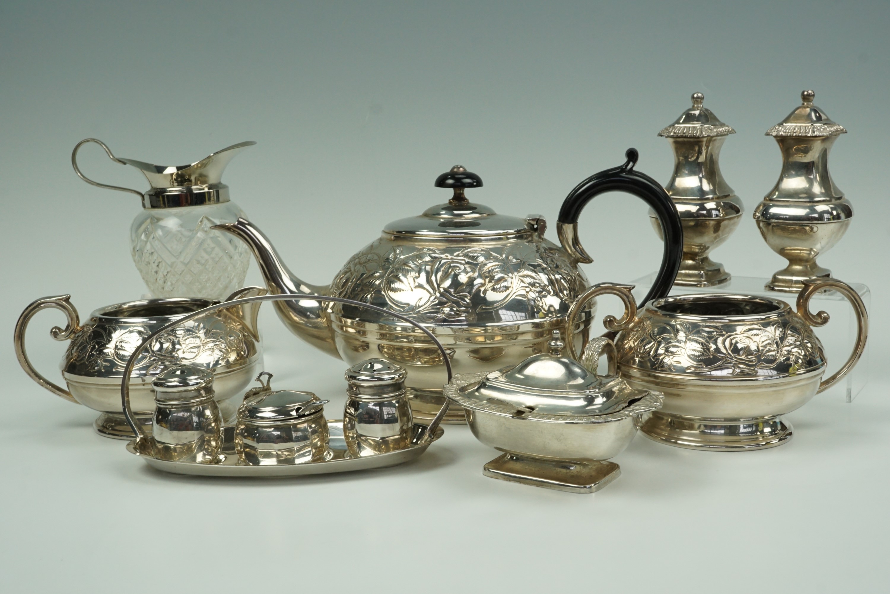 A three piece electroplate Civic tea set together with sundry electroplate