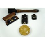 A replica / prop German stick grenade, together with a butter dish, marching compass, torch and