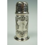A late Victorian silver sugar caster, of cylindrical form, bearing repouse decoration in the form of