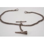 A late 19th / early 20th Century silver double watch chain, with watch fob key / seal, 36 cm, 42 g