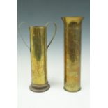 Great War trench art shell case vases, one engraved in depiction of the Statue of Liberty, the other