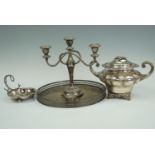 Electroplate including a circular tray and candelabrum etc, tray 31 cm