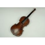 An antique violin, having a two-piece back, stamped with an initial L within a wreath and "Dresden",