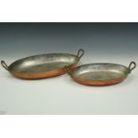 Two oval copper two-handled pans, largest 41 cm