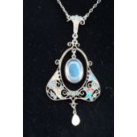 A Belle Epoque Art Nouveau enamelled white metal, faux moonstone and baroque pearl pendant necklace