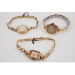 Three vintage ladies' gold wristlet watches, with tolled gold bracelet straps