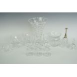 A quantity of cut glass including two bells, a vase etc, vase 21 cm