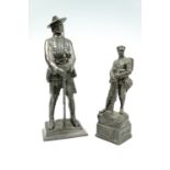 A cast bronzed figurine modelled as a Great War British soldier, together with a similar figure of a
