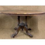 A Victorian marquetry-inlaid walnut snap-top Loo table, 120 cm x 88 cm x 67 cm