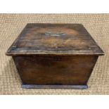 A George III pine hinge-lidded box, having a brass swan-neck bale handle, 37 cm x 33 cm x 25 cm