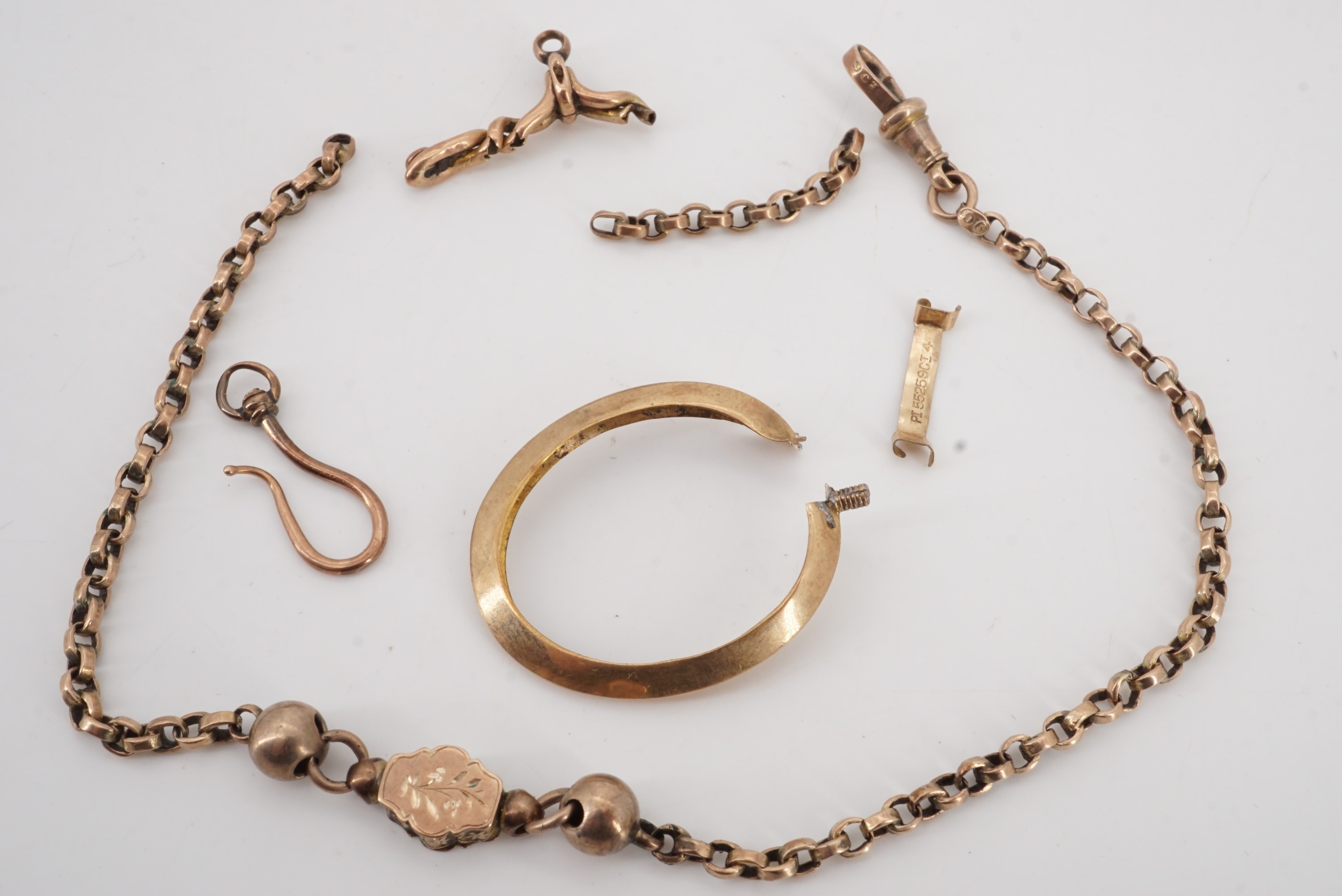 A Victorian yellow metal Albertina watch chain, (marked 9 ct, tested as gold), (a/f),together with a