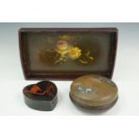 An early 20th Century Japanese lacquered heart shaped box together with tray and lidded box