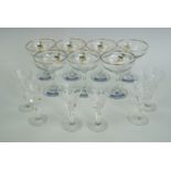 Seven Babycham glasses together with six small Victorian wine glasses