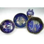 Three Carlton Ware blue bowls together with ginger jar, circa 1920s, (jar lid repaired)