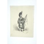A late 19th Century pen-and-ink study of a Scottish highland piper in full dress, signed H Pieori