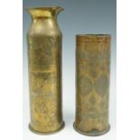 Great War trench art shell case vases bearing Islamic and Egyptianate decoration, tallest 27 cm