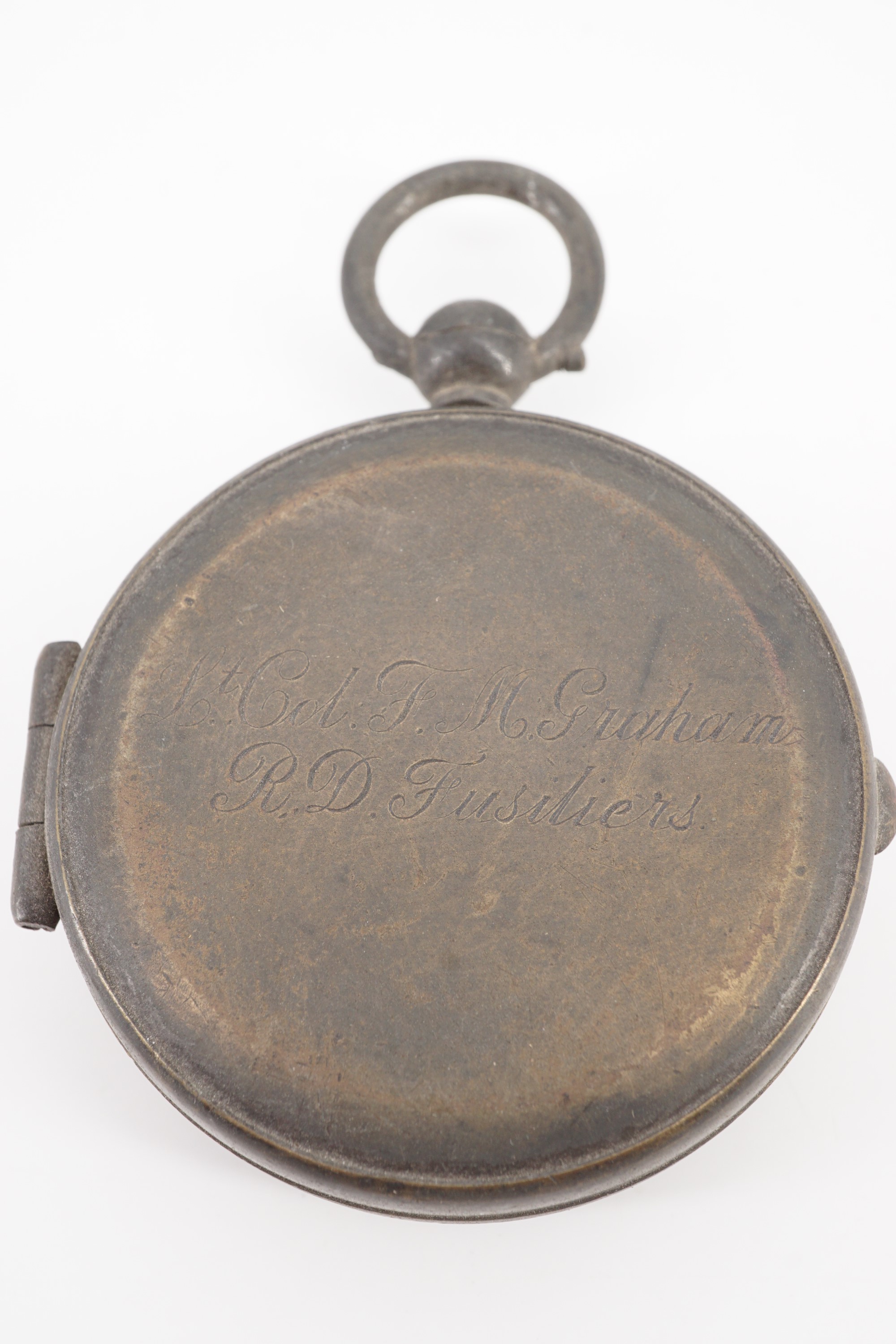 A Boer War / Great War pocket compass, its lid engraved "Lt Col F M Graham, R D Fusiliers" - Image 3 of 3