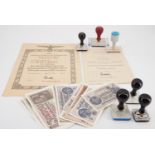 Reproduction German Third Reich ink stamps, award documents and bank notes