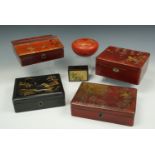 A group of wooden chinoiserie boxes, largest 17 x 14 x 6 cm