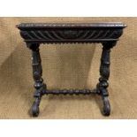 A late Victorian Flemish style heavily carved oak writing table, 74 cm x 62 cm x 73 cm