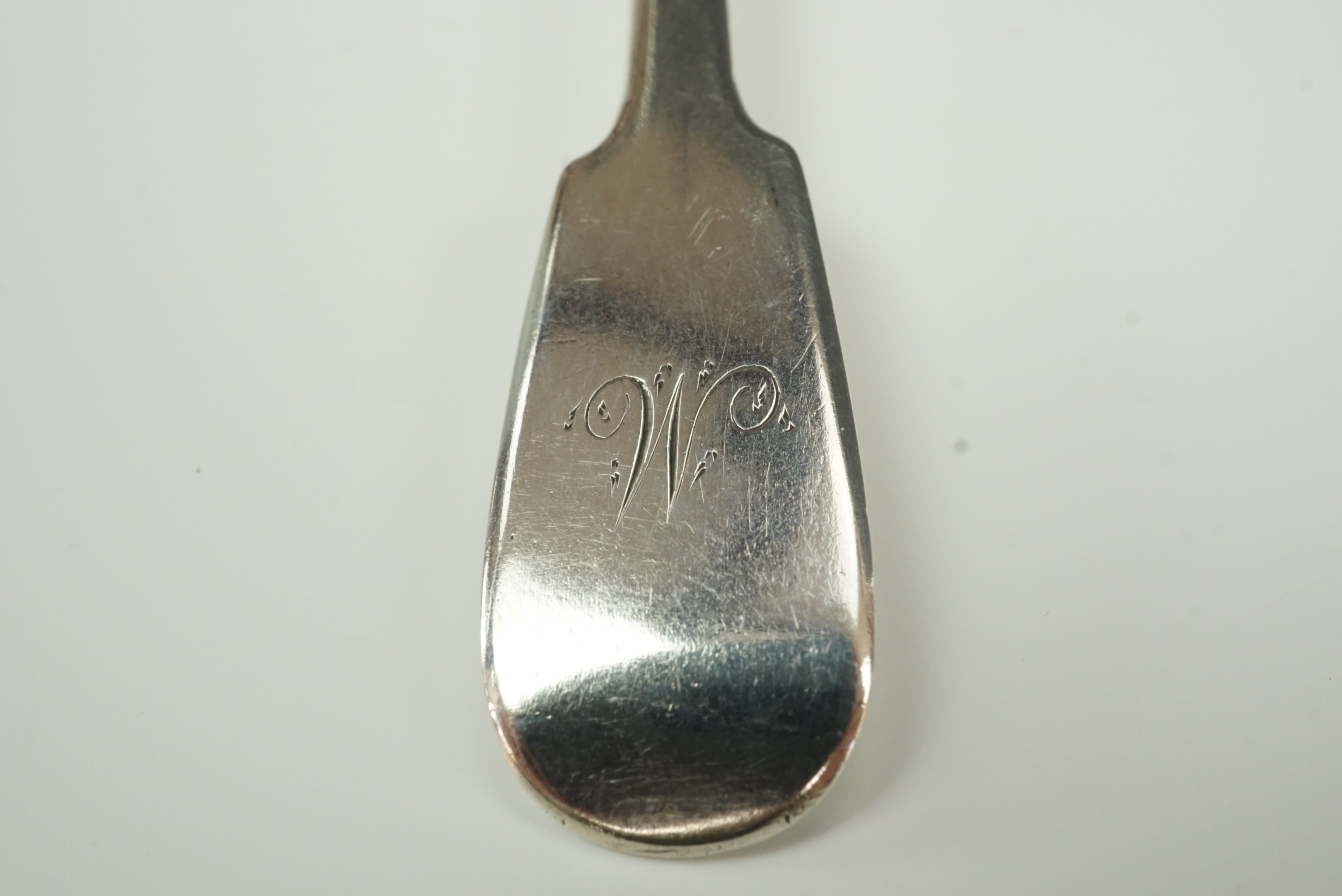 Five Georgian silver fiddle pattern tea spoons, Thomas Wheatley, Newcastle, 1836, with one other - Image 2 of 3