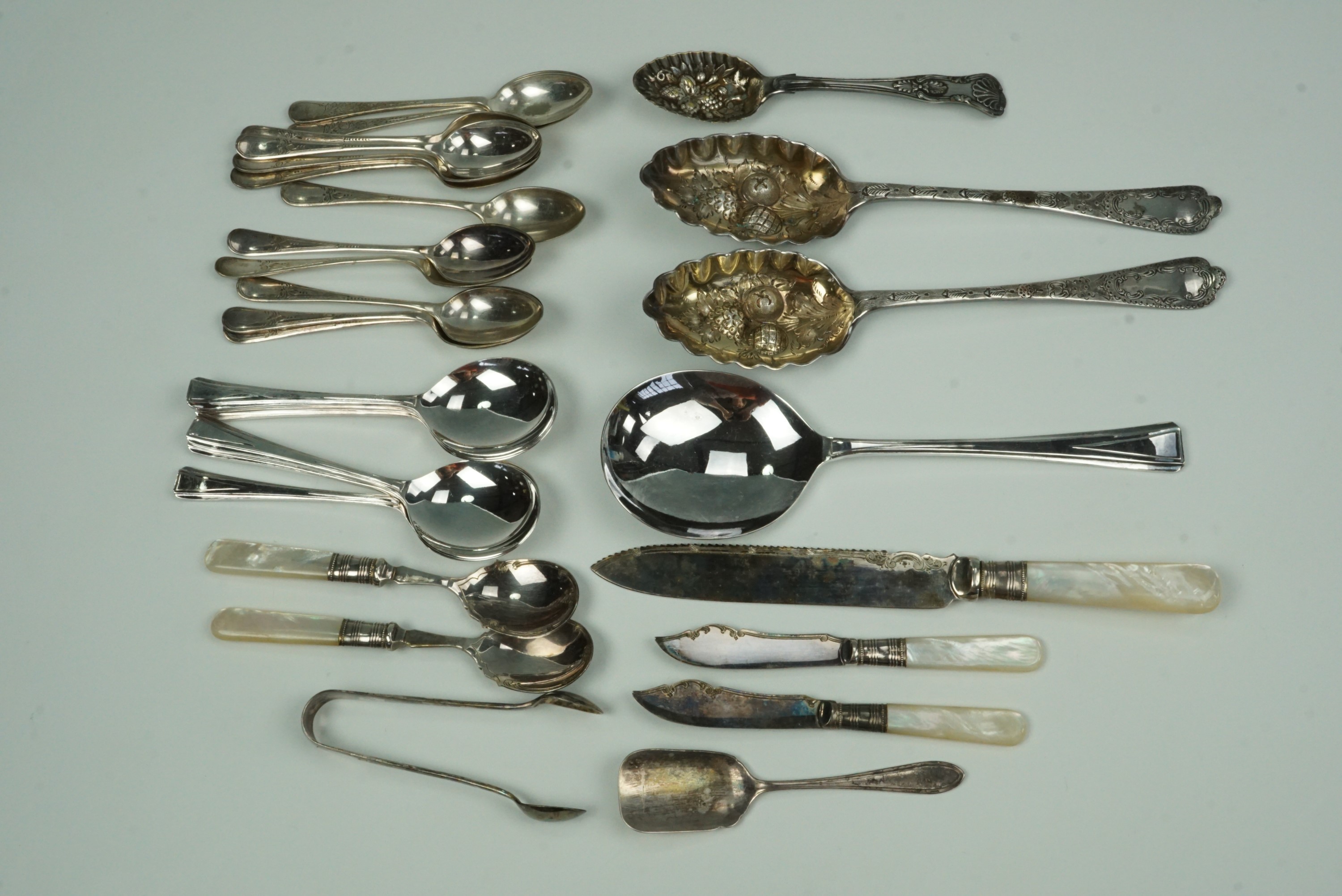 Electroplate serving spoons, various teaspoons etc