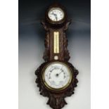 [ Nelson / Trafalgar ] A carved oak banjo barometer and clock made from salvaged timber from the HMS